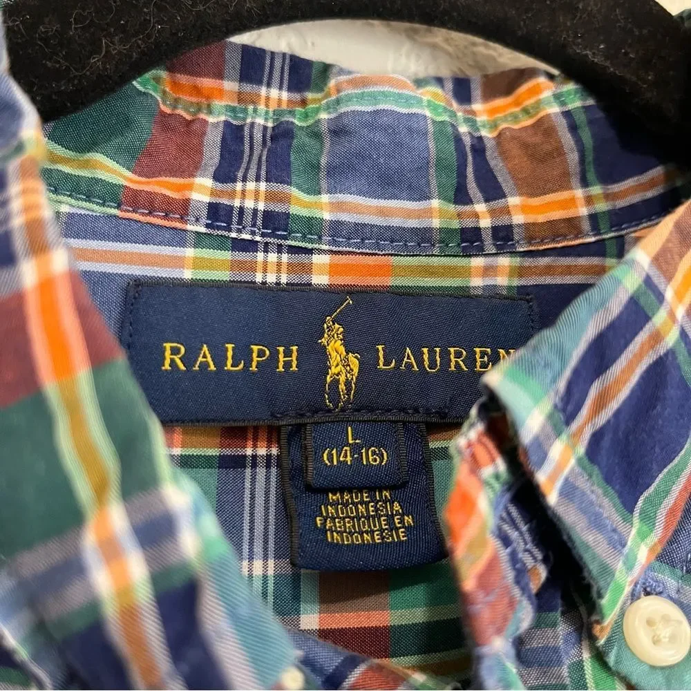 Ralph Lauren Plaid Blue Orange Green Button Up Short Sleeve Shirt Boys Youth L